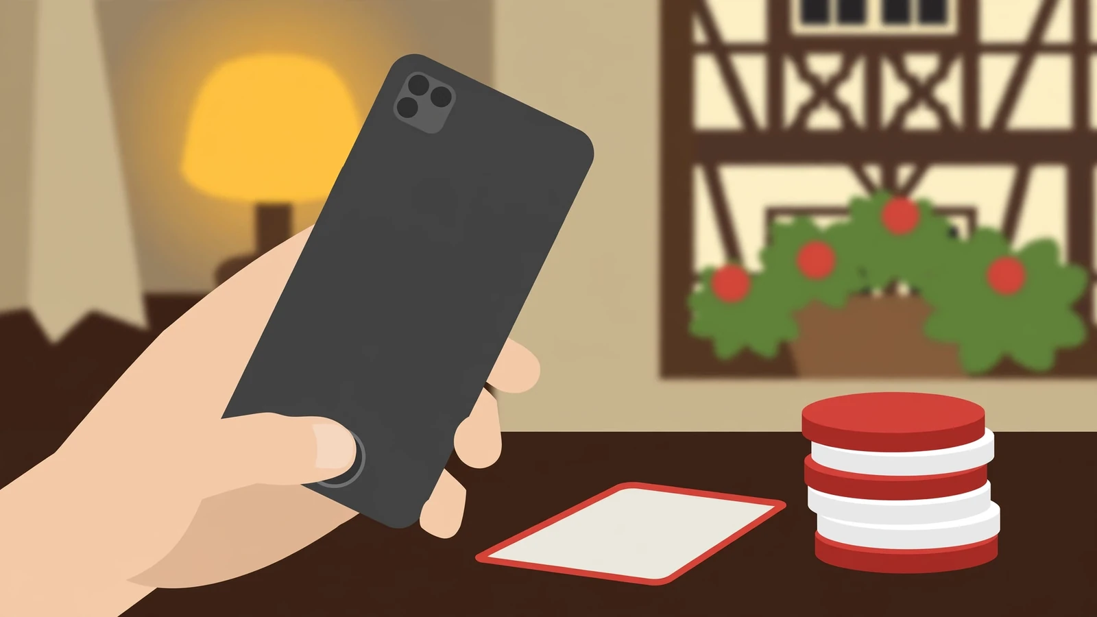 Hand hält Smartphone mit Fingerabdruck-Authentifizierung neben Casino-Chips auf Holztisch