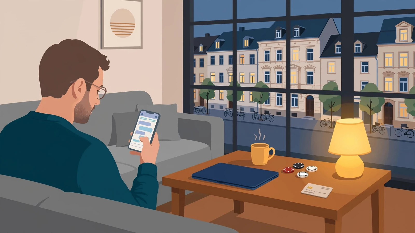 Person auf dem Sofa mit Smartphone, Kreditkarte und Casino-Chips auf dem Tisch