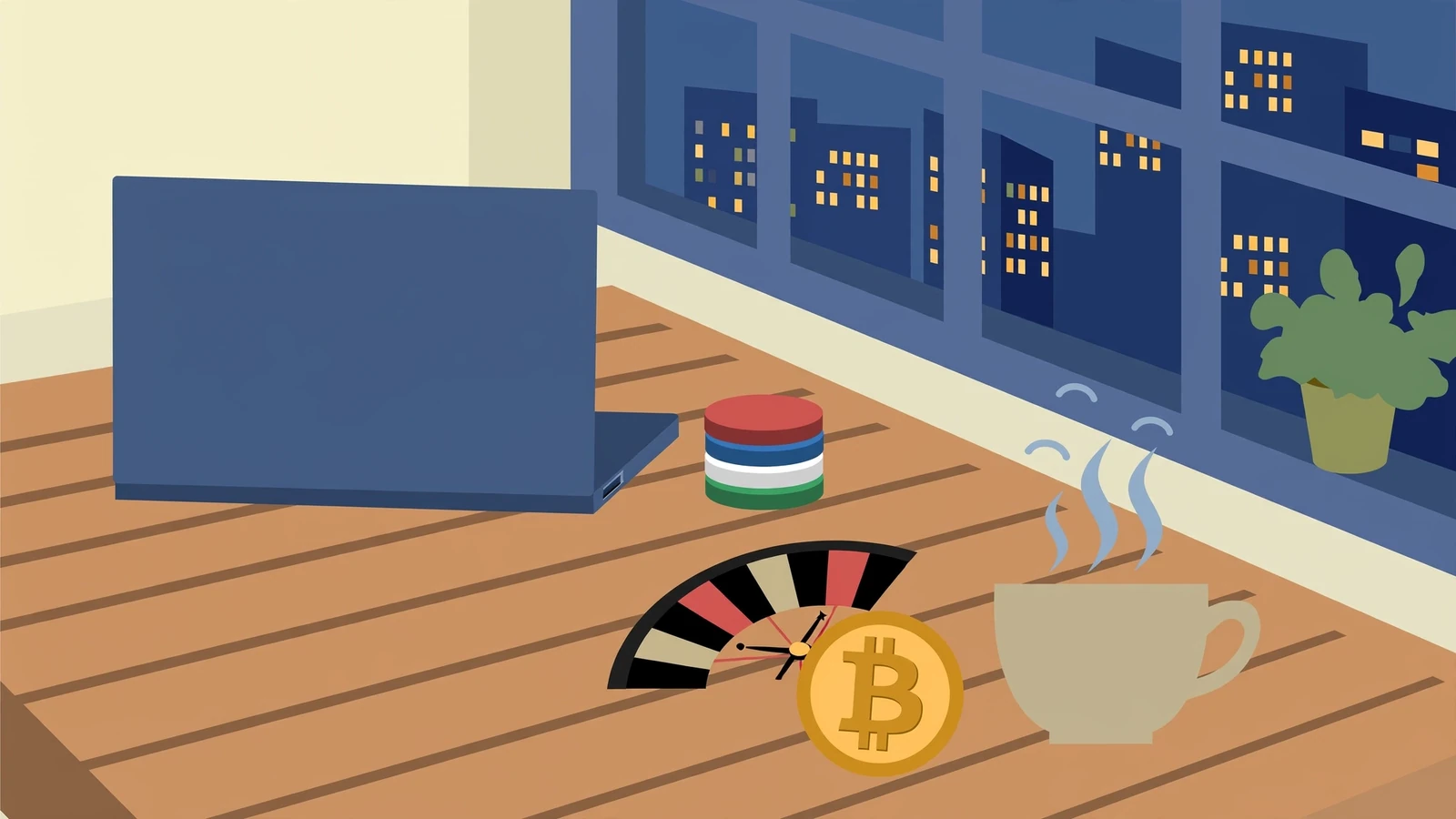 Tisch mit Laptop, Casino-Chips und Bitcoin-Münze in deutscher Wohnung