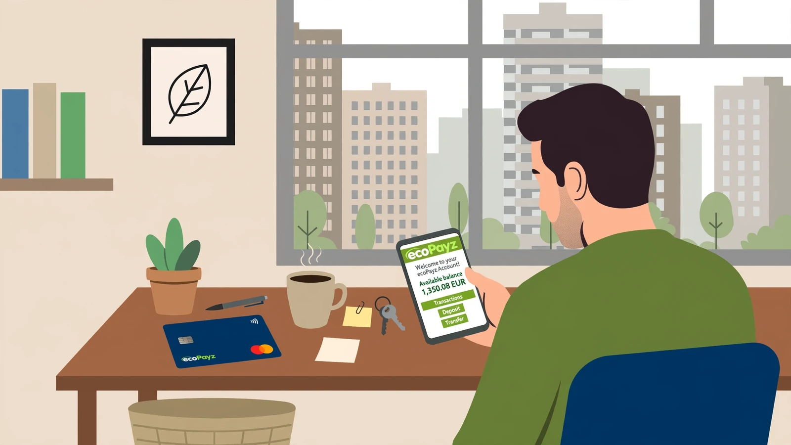 Person am Schreibtisch mit Smartphone und EcoPayz-Karte in moderner Wohnung