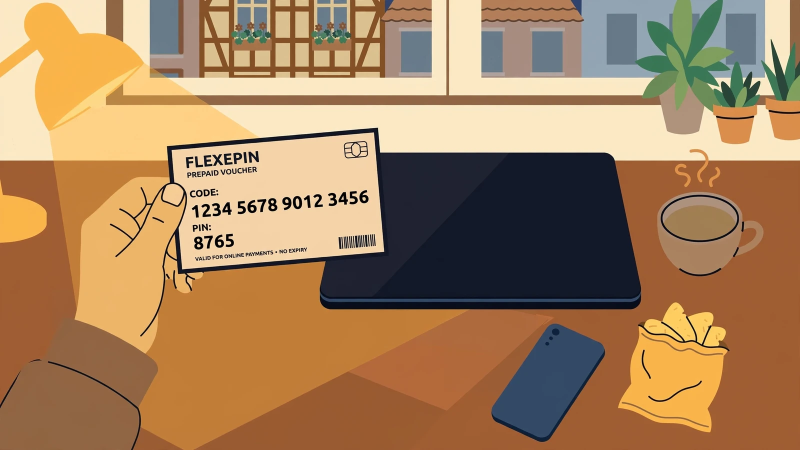 Hand mit Flexepin-Gutschein auf Schreibtisch neben geschlossenem Laptop
