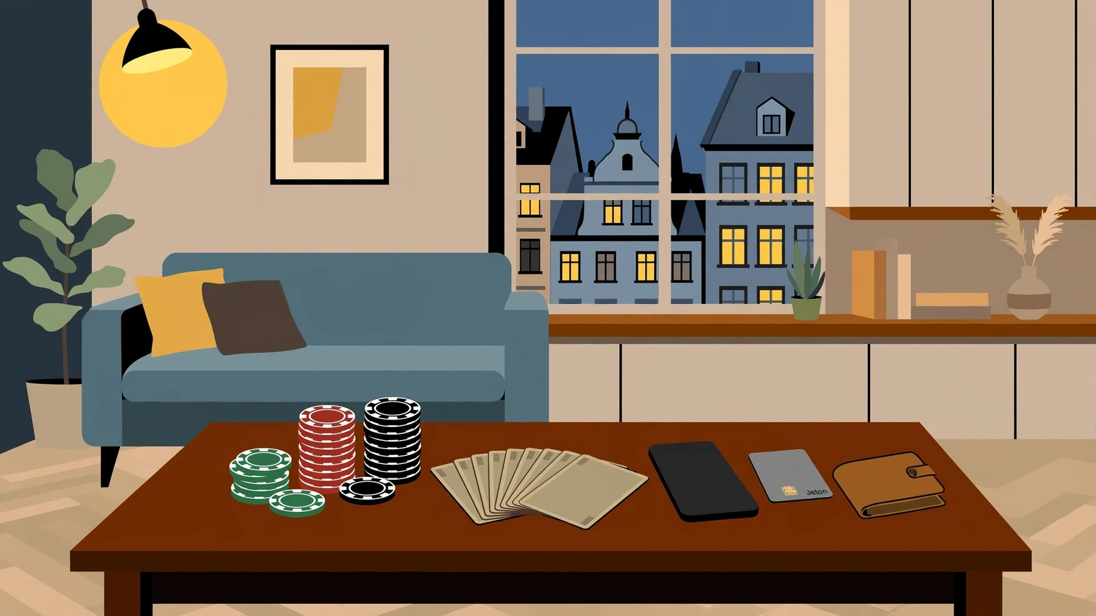 Stapel Casino-Chips und Spielkarten auf einem Wohnzimmertisch neben Smartphone und Jeton-Karte