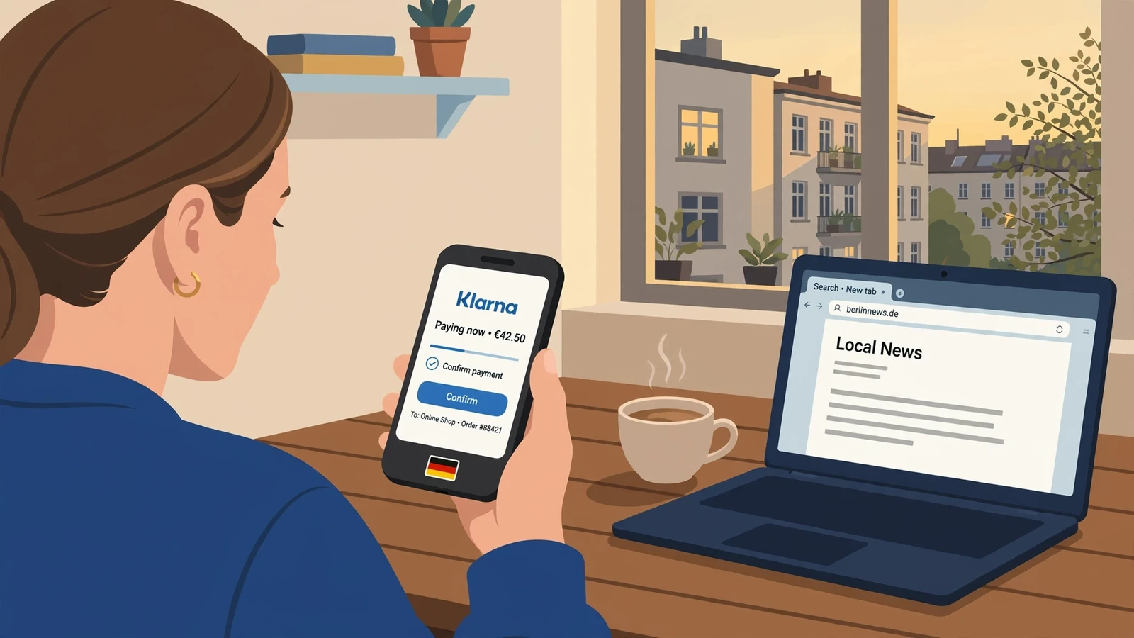 Mobile Klarna-Zahlung in einer Berliner Wohnung bei warmem Abendlicht