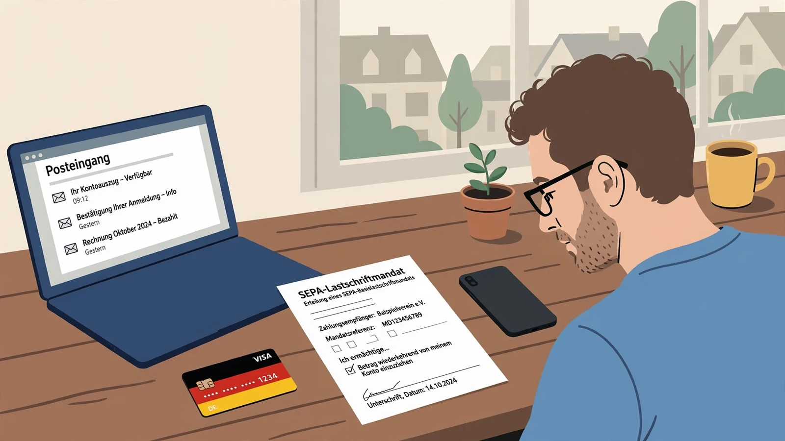 Spieler prüft Lastschrift-Formular neben Smartphone und Laptop zu Hause