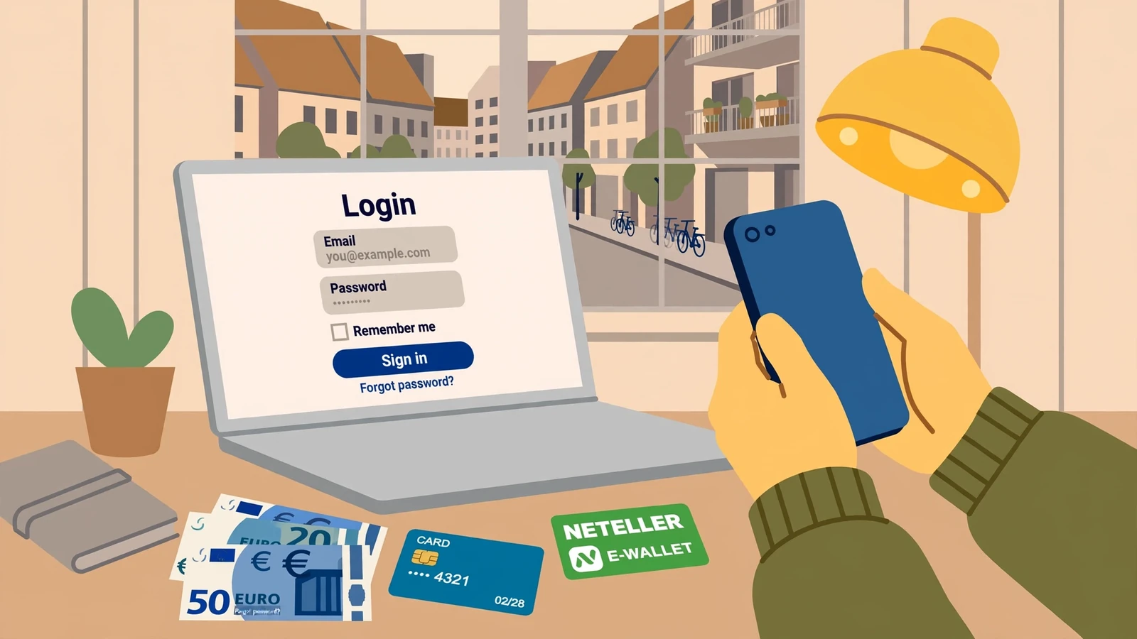 Hände mit Smartphone, Laptop, Euro-Scheine und E-Wallet-Karte auf einem Schreibtisch