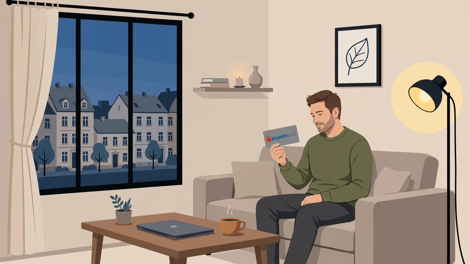 Person hält paysafecard-Gutschein in deutschem Wohnzimmer