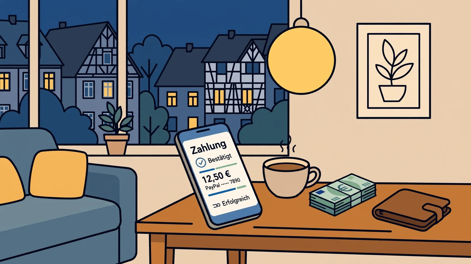 Smartphone mit Wero-Bezahlung auf dem Wohnzimmertisch, Euro-Scheine und Geldbörse daneben.