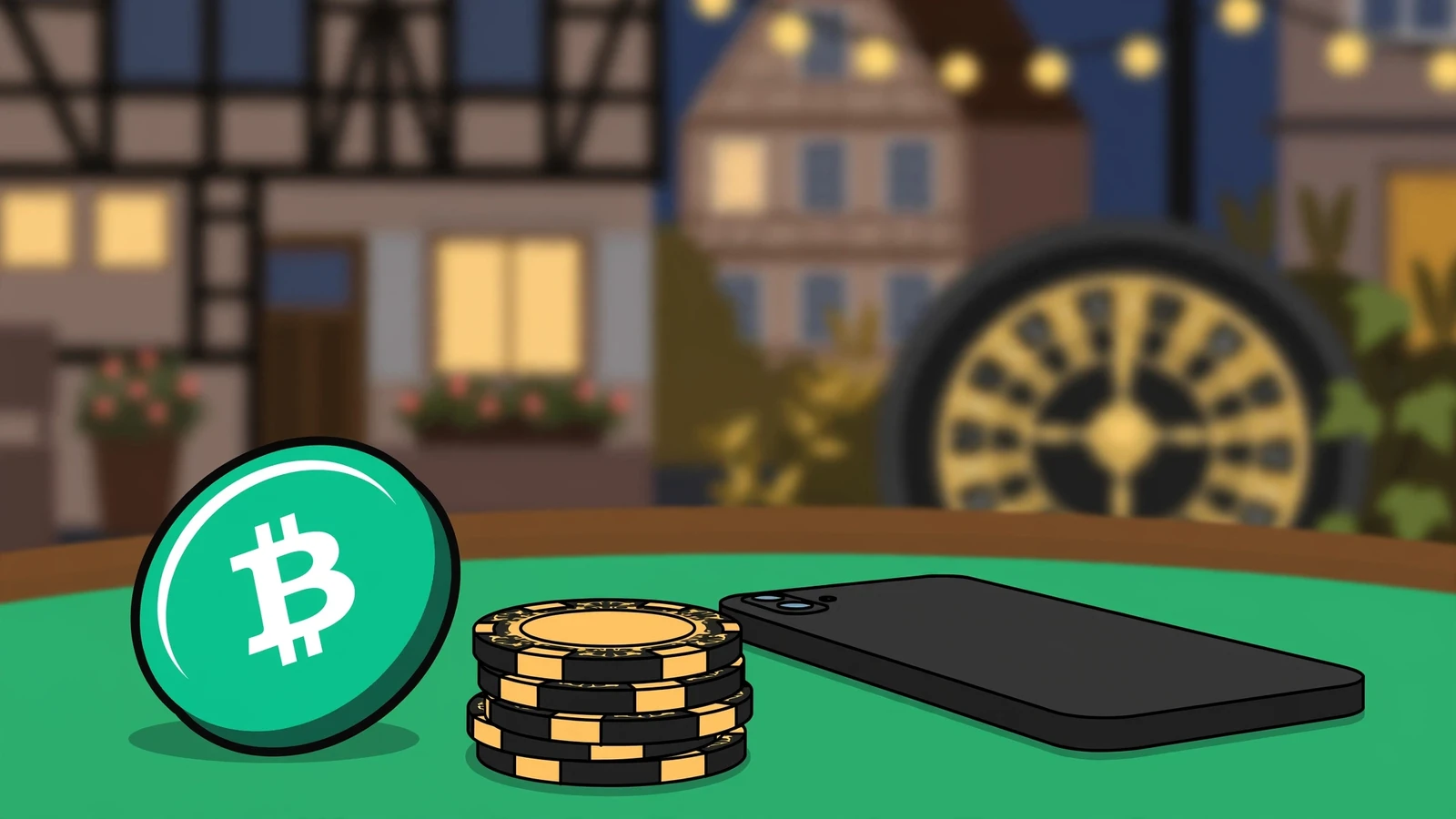 Bitcoin-Cash-Münze auf Casino-Tisch mit Poker-Chips und Smartphone