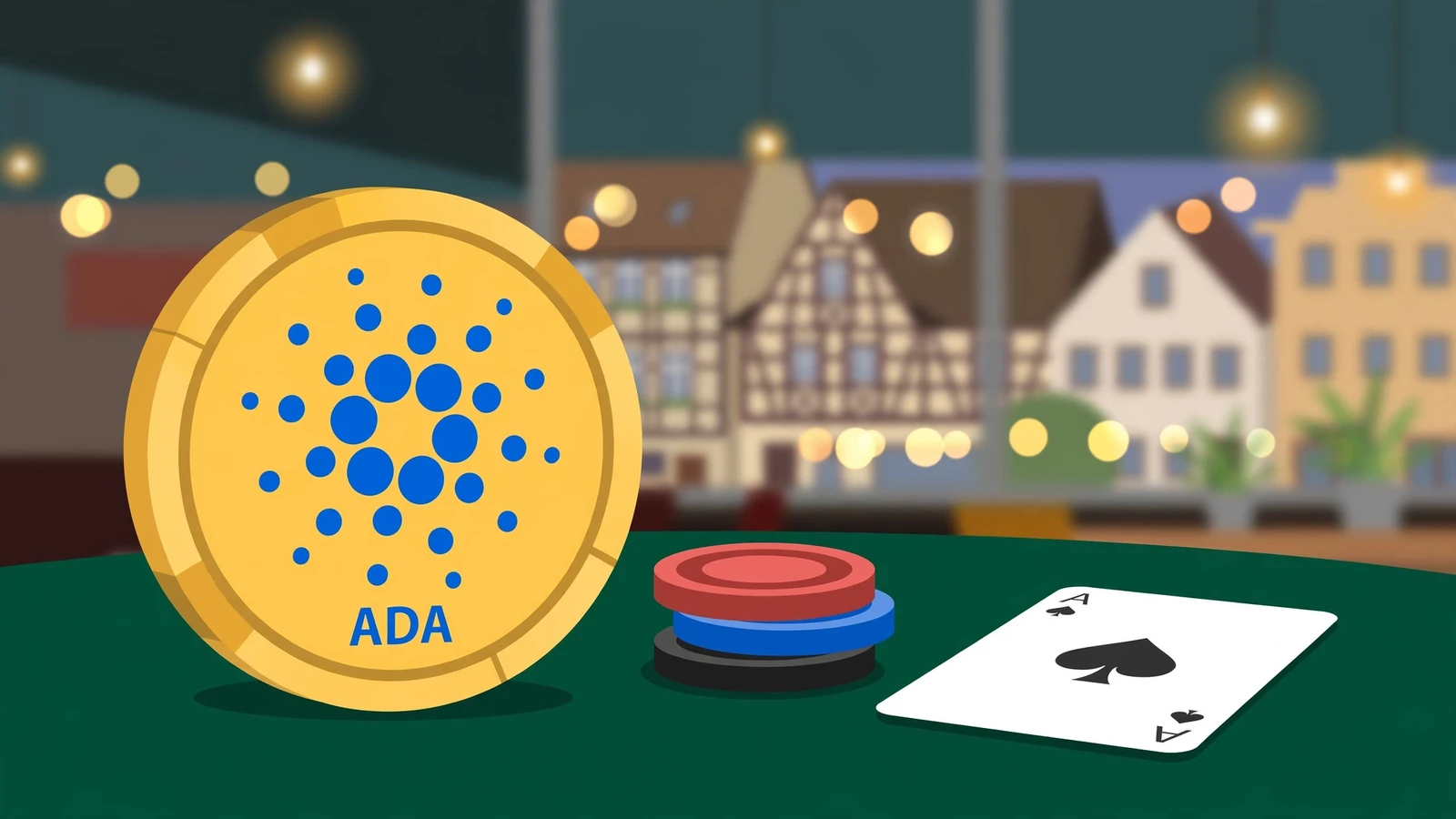 ADA-Münze auf Casinotisch mit Chips und Spielkarte