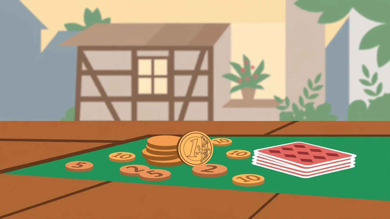 Nahaufnahme eines Spieltischs mit Cent- und Euro-Münzen