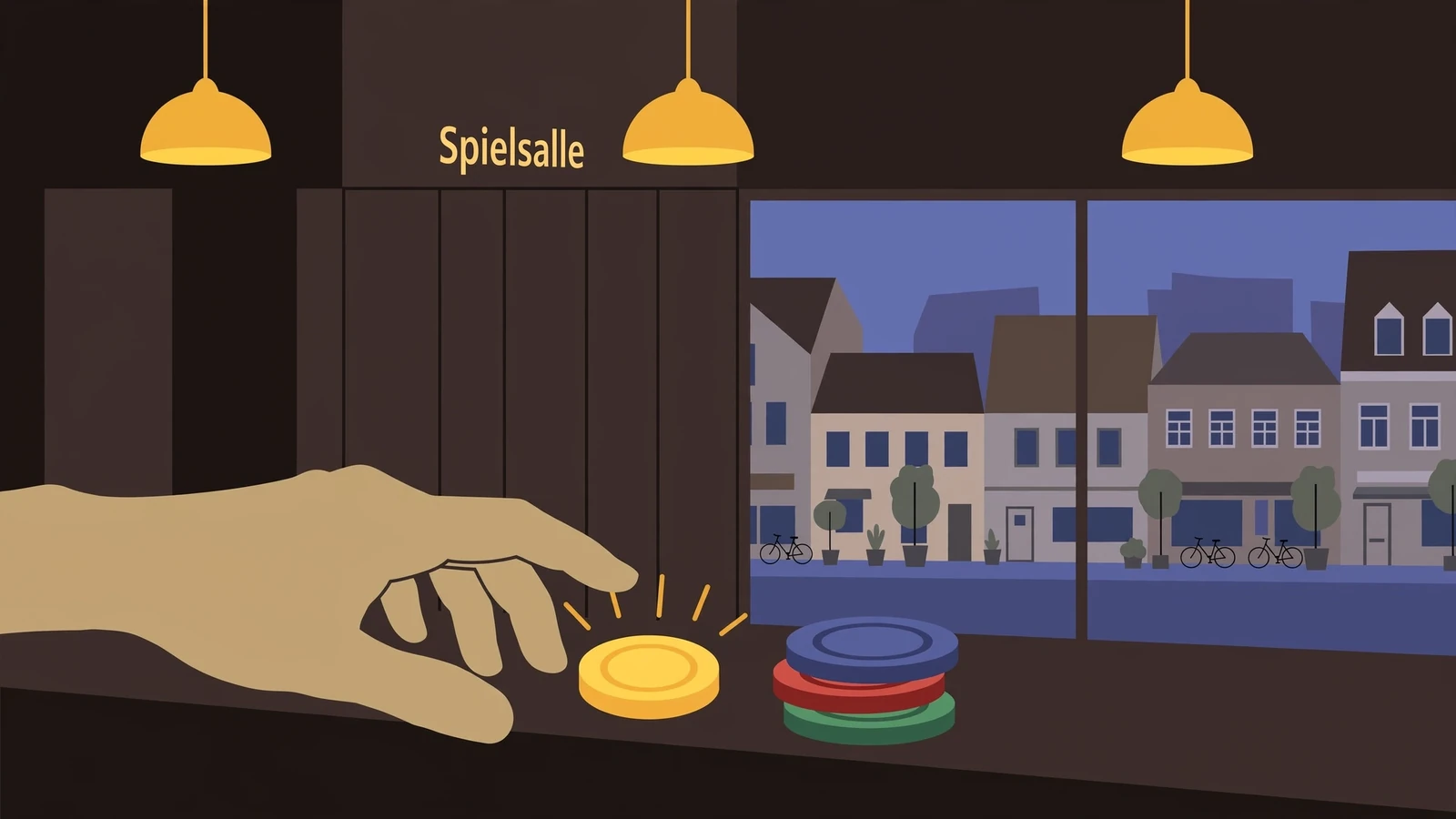 Hand greift nach leuchtendem Knopf neben Chips in deutscher Spielsalle bei Abendlicht