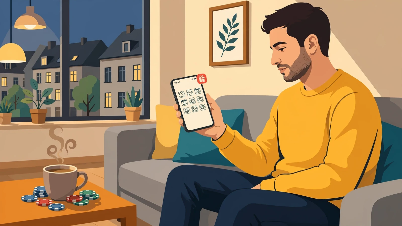 Junger Mann mit Smartphone und Casino-Bonusbenachrichtigung auf dem Sofa.