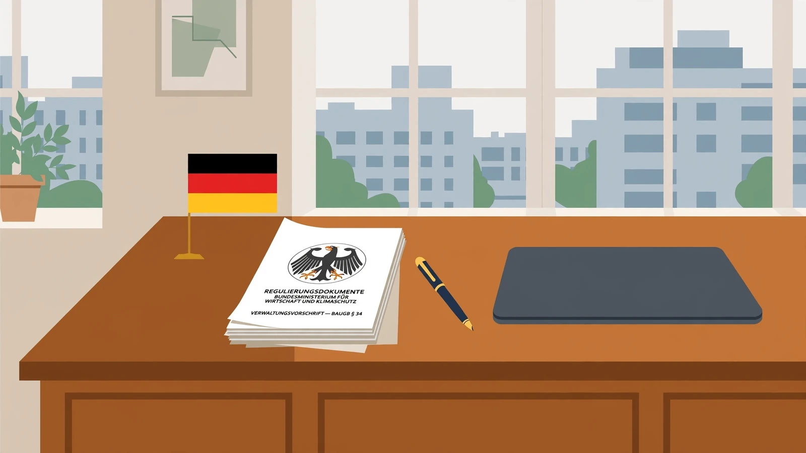 Schreibtisch mit Regulierungsdokumenten und deutscher Flagge in Berliner Büro