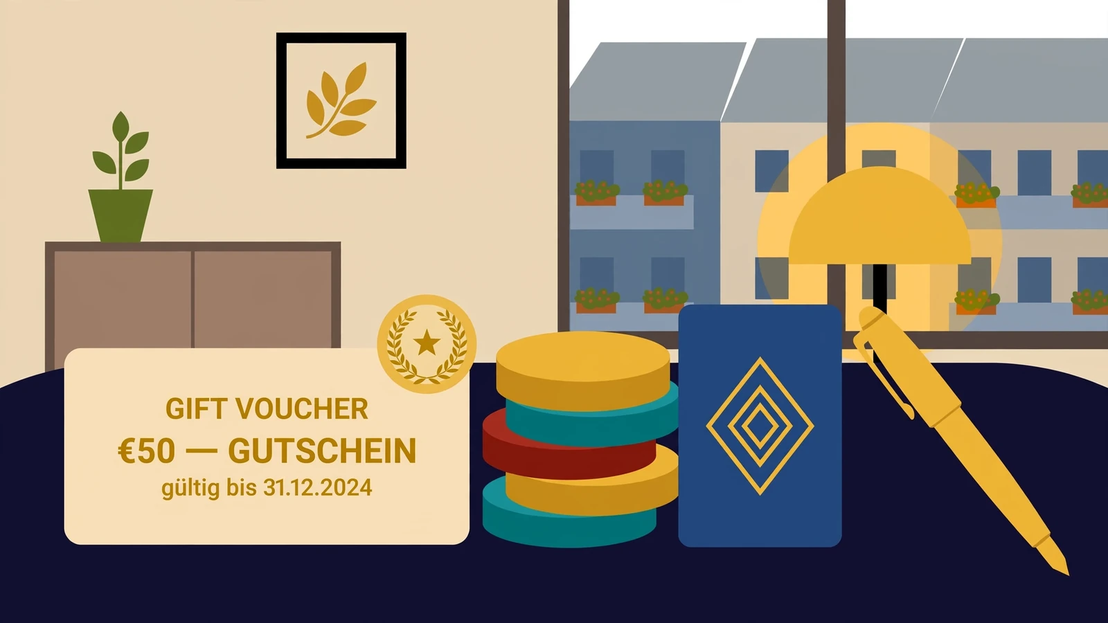 Premium-Geschenkgutschein mit Spielchips und Spielkarte auf Samtoberfläche im modernen deutschen Wohnzimmer.