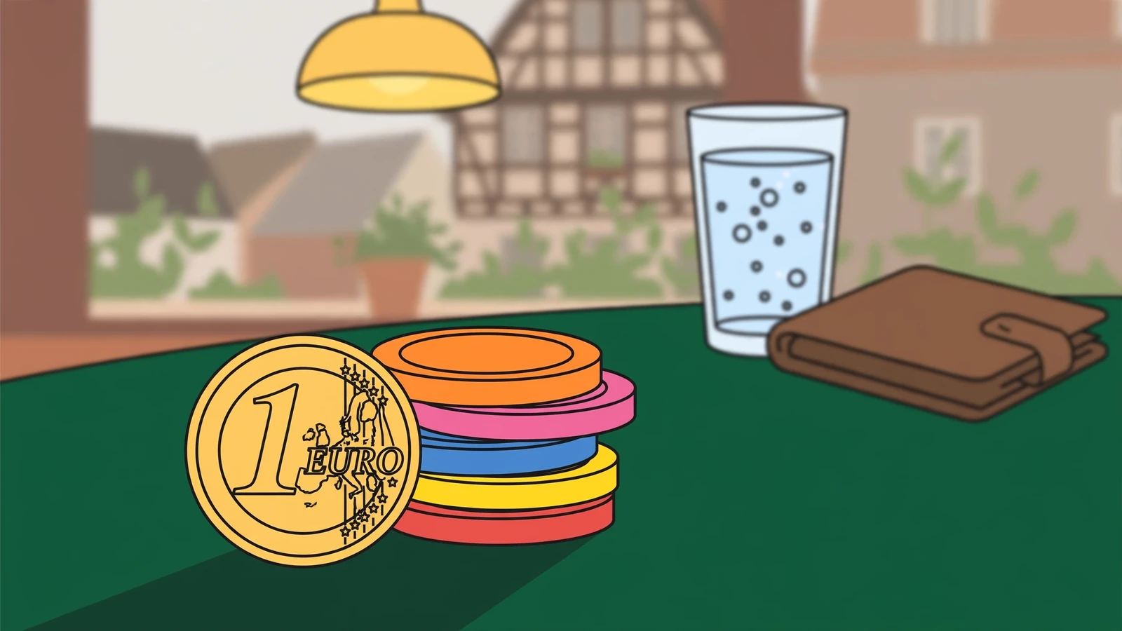 Eine 1-Euro-Münze auf einem Spieltisch mit Casino-Chips und Geldbörse.