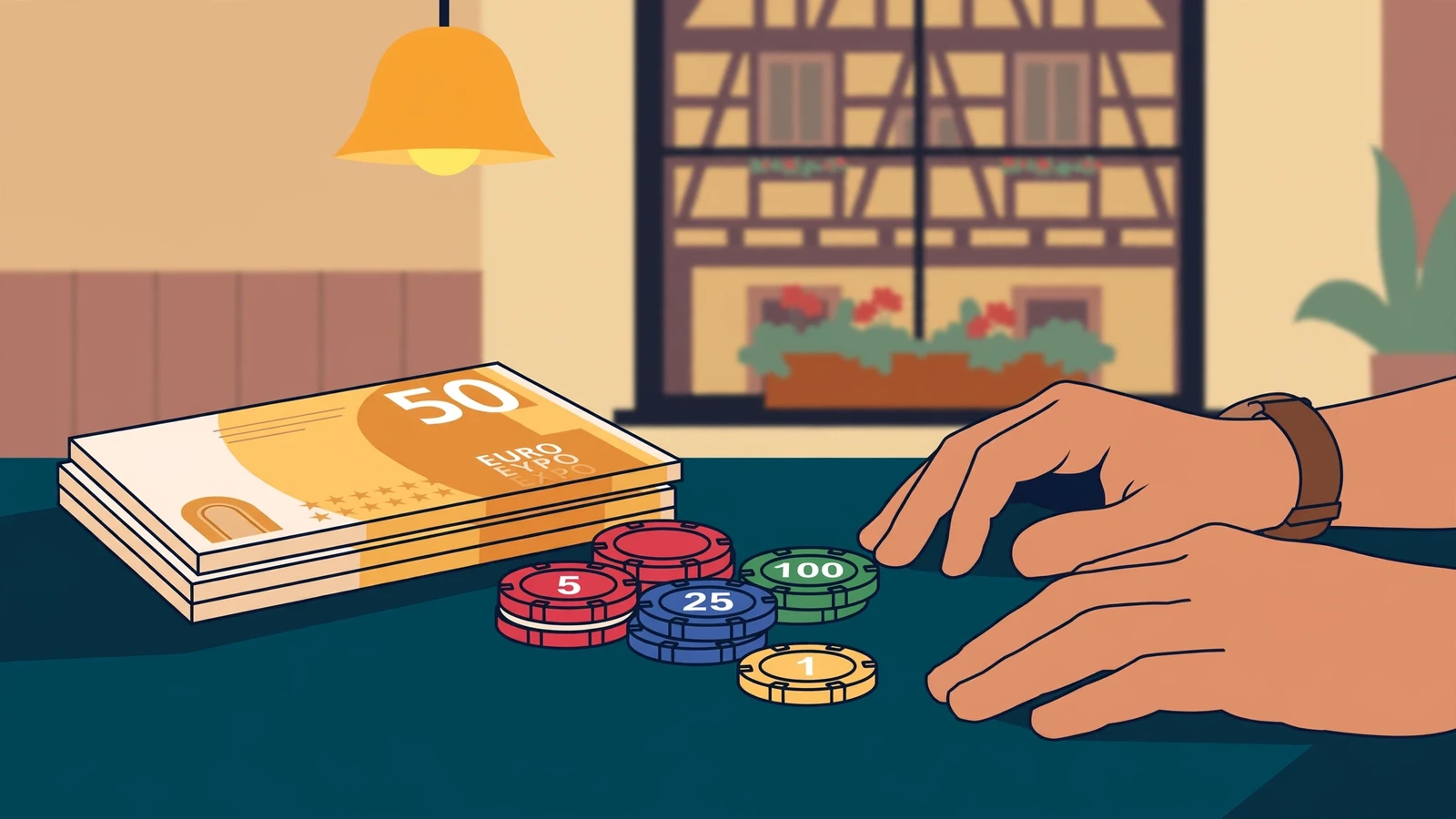 Stapel von Euro-Scheinen und Casino-Chips auf einem Filztisch