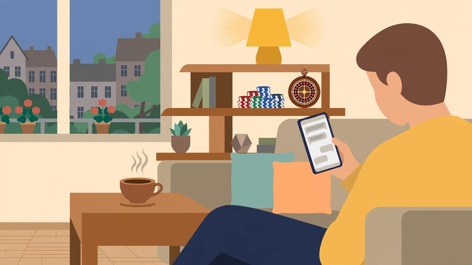 Person auf dem Sofa mit Smartphone und Casino-Chips im Wohnzimmer