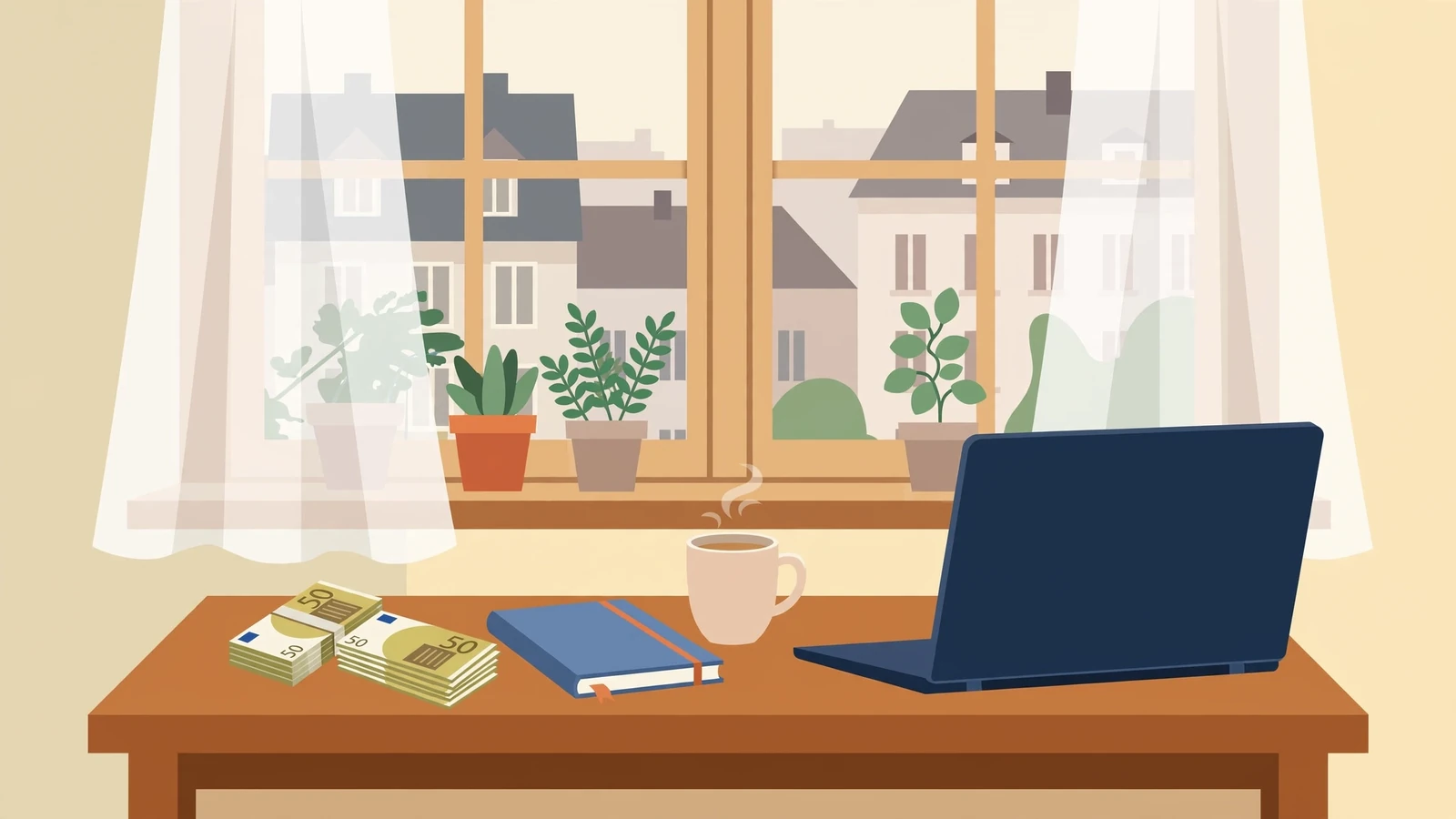 Heimischer Schreibtisch mit Laptop, Euro-Geldscheinen und Kaffeetasse in einer deutschen Wohnung
