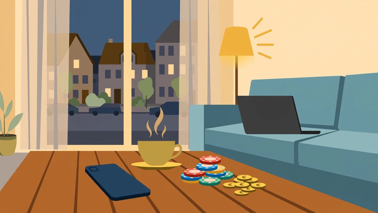 Smartphone und Casino-Chips auf einem Couchtisch in einer deutschen Wohnung bei warmem Abendlicht.