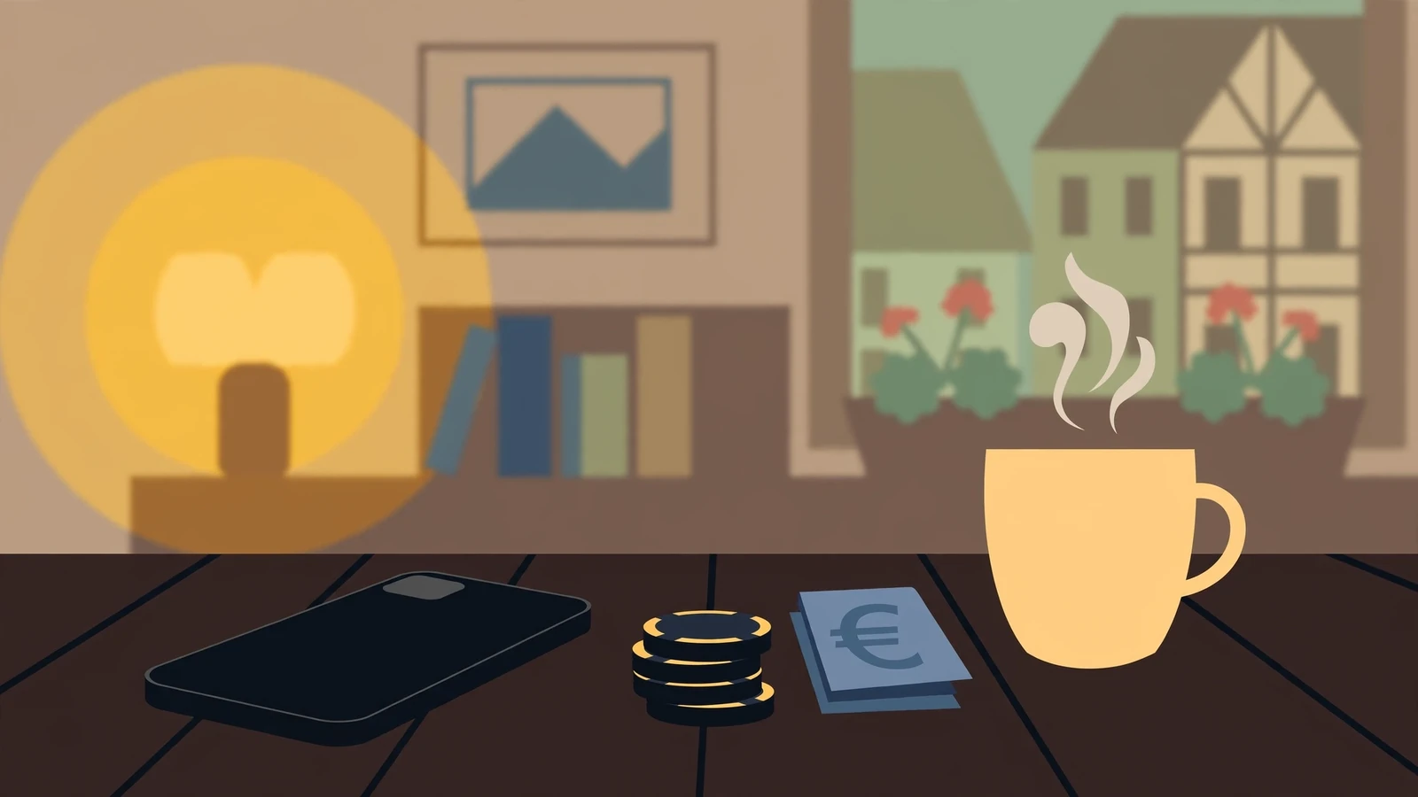 Smartphone auf Holztisch mit Casino-Chips und Kaffeetasse in deutschem Wohnzimmer