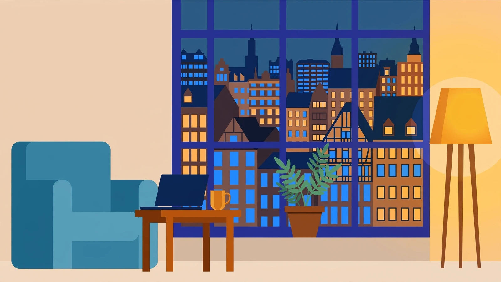 Modernes deutsches Apartment bei Abendlicht mit Laptop auf dem Tisch und Stadtblick durch das Fenster