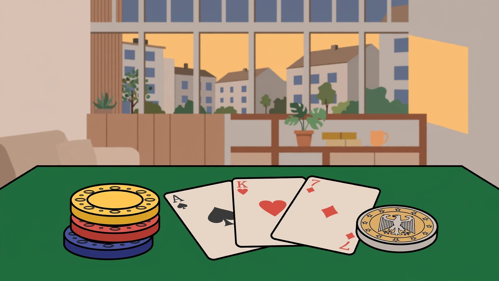 Casino-Chips und Spielkarten auf grünem Filz mit Euromünze, gemütlicher Wohnzimmer-Hintergrund.