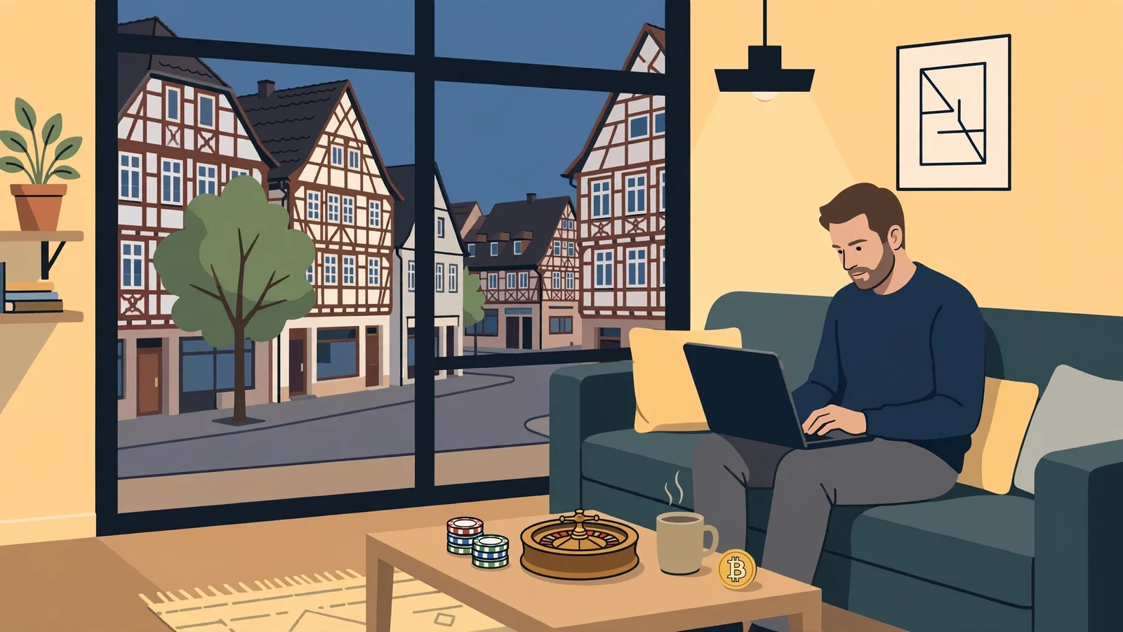Deutsche Wohnung mit Mann am Laptop, Spielchips und Bitcoin-Münze auf dem Tisch