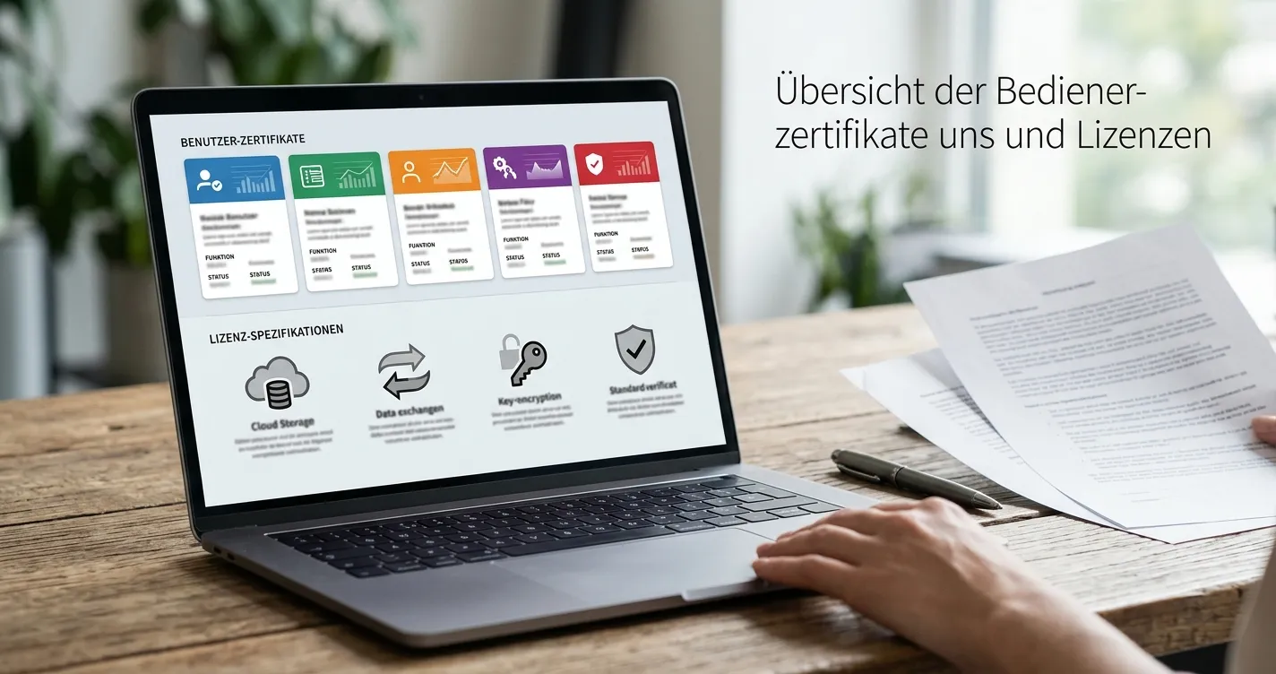 Neutraler Laptop mit fünf anonymisierten Betreiberkarten und Lizenzsymbolen