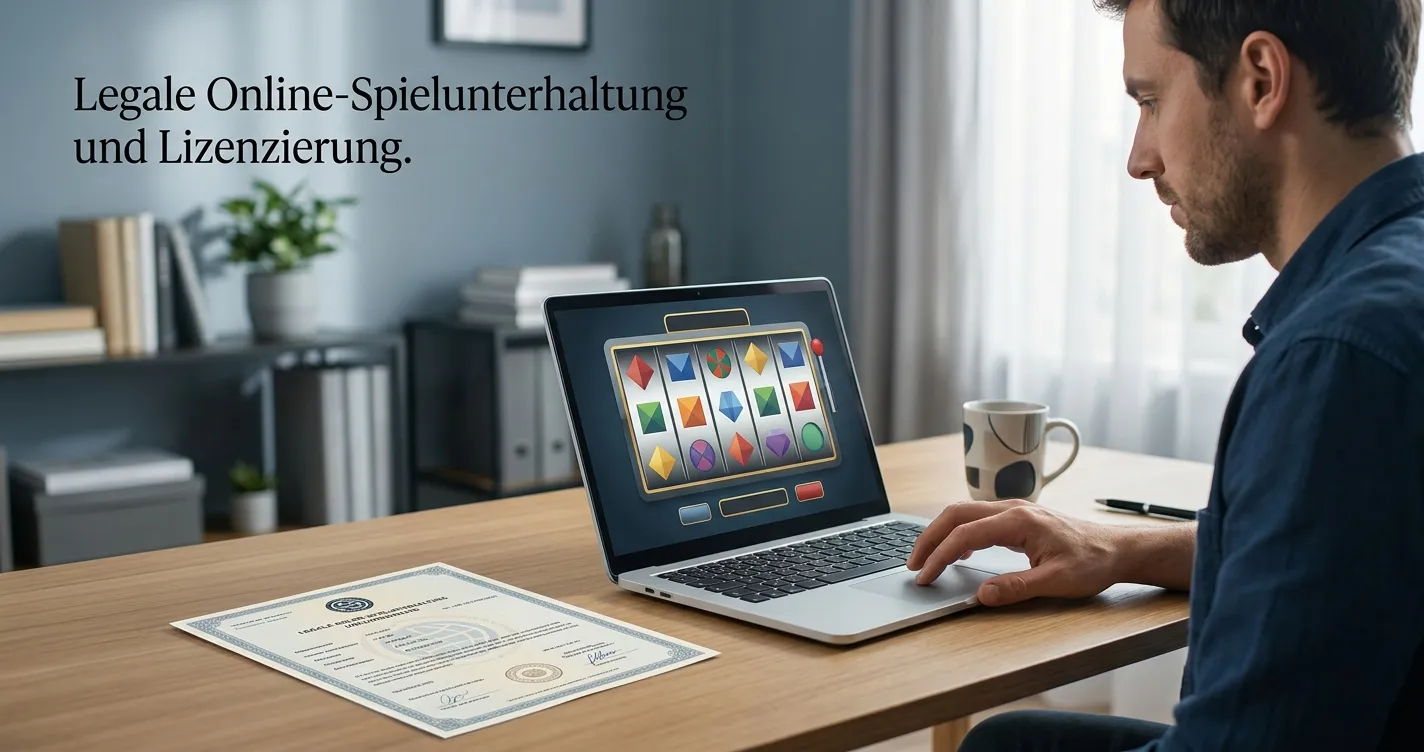 Laptop mit neutralen Spielwalzen und Dokumenten zu einer internationalen Lizenz