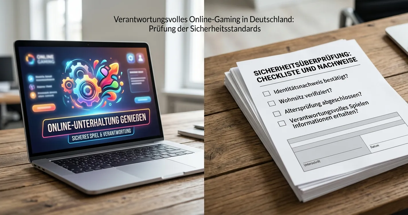 Geteilte Ansicht einer internationalen Spielwerbung und deutscher Prüfcheckliste