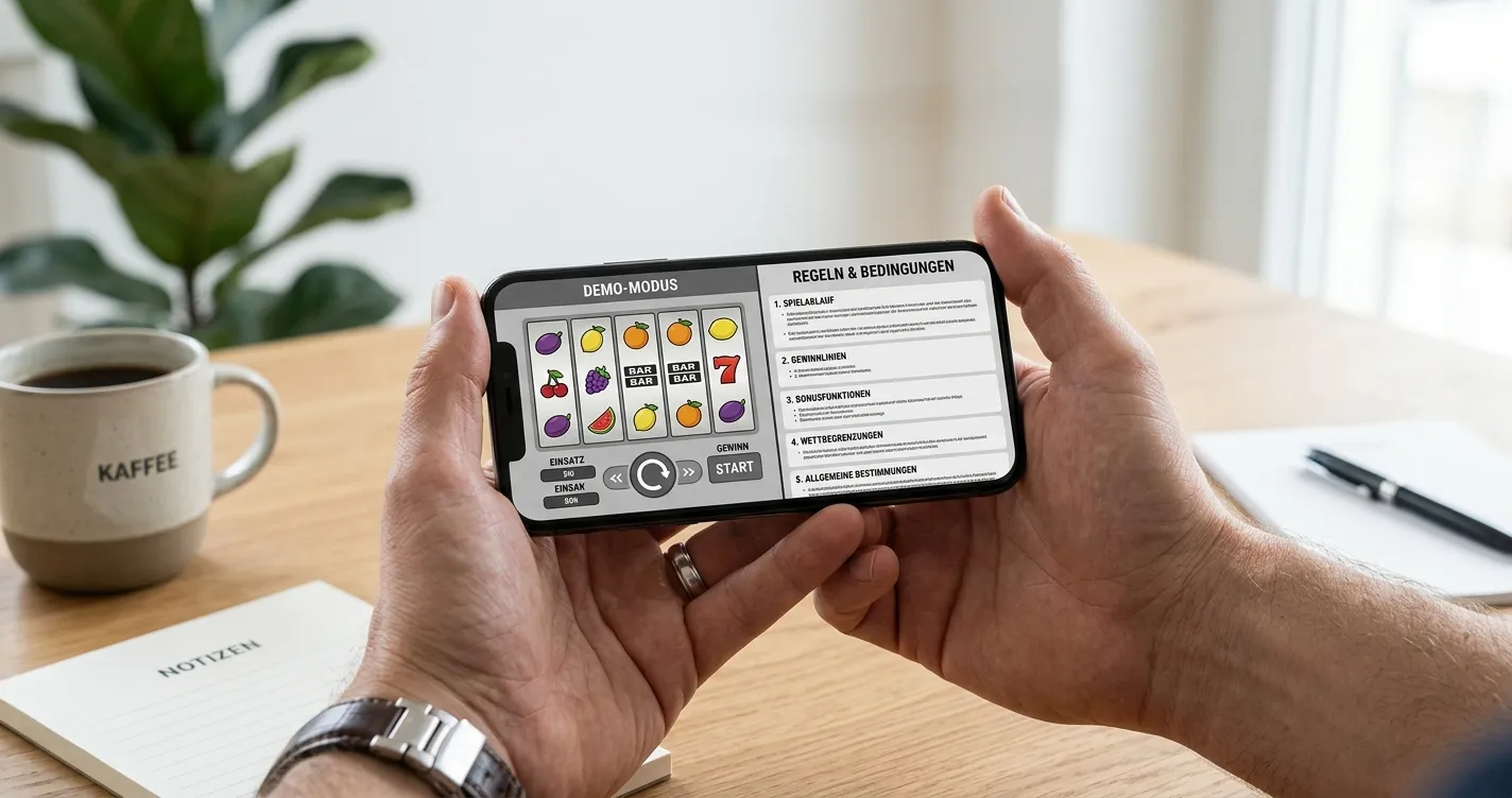 Person prüft neutrale Spielregeln und mobile Casinoansicht an einem aufgeräumten Schreibtisch