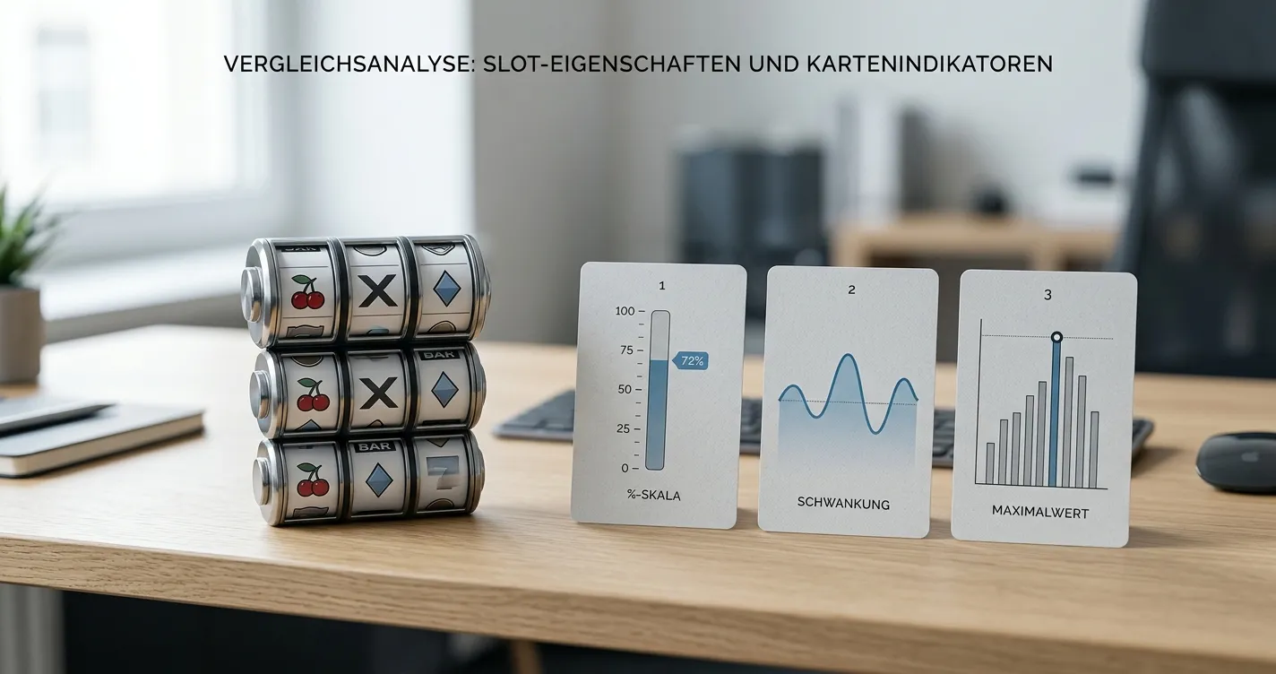 Neutrale Walzen und Kennzahlkarten mit RTP, Varianz und Gewinnobergrenze ohne Markenbezug