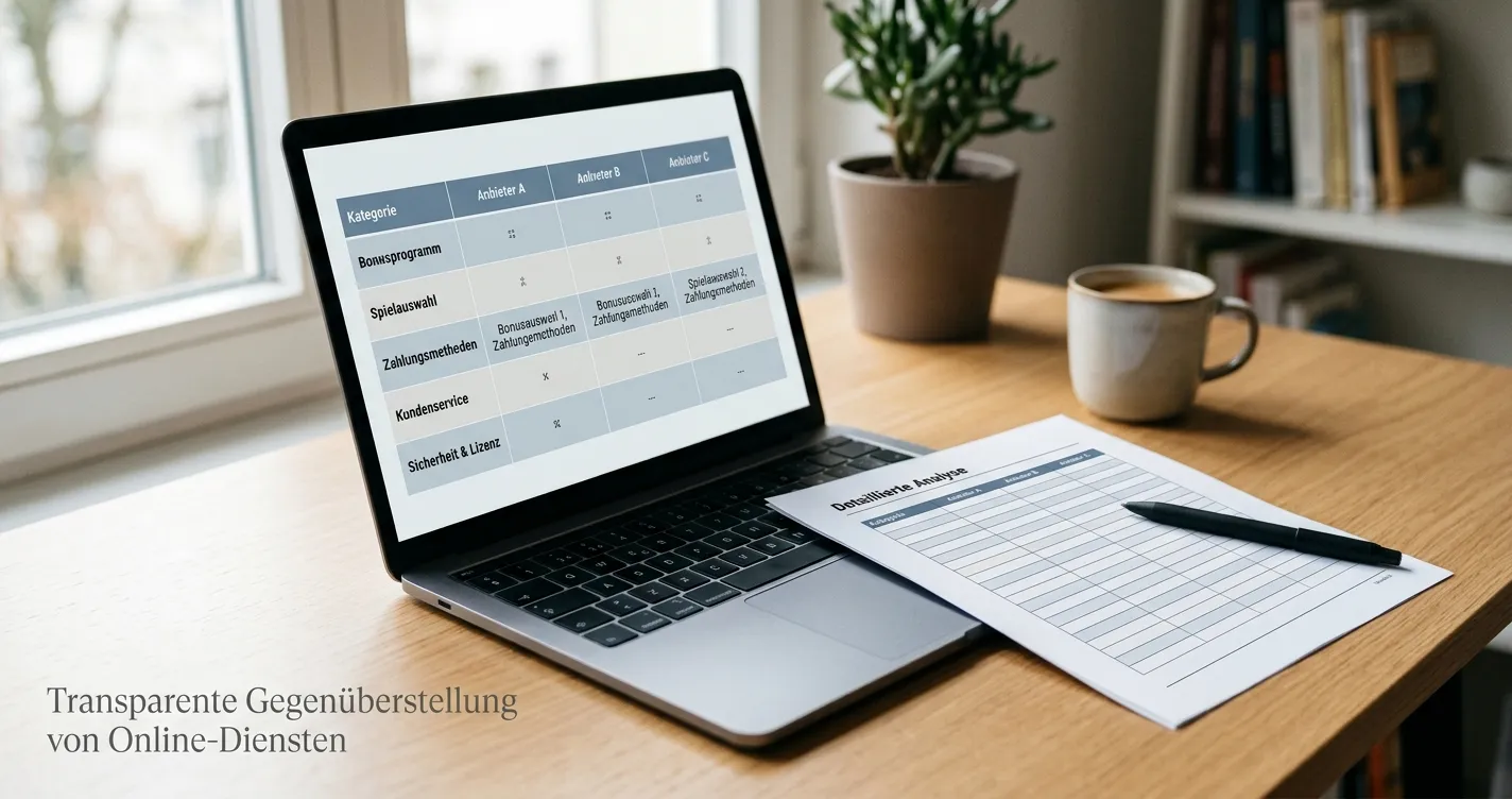 Vergleichsdokument mit neutralen Casino-Anbietern und Prüfspalten