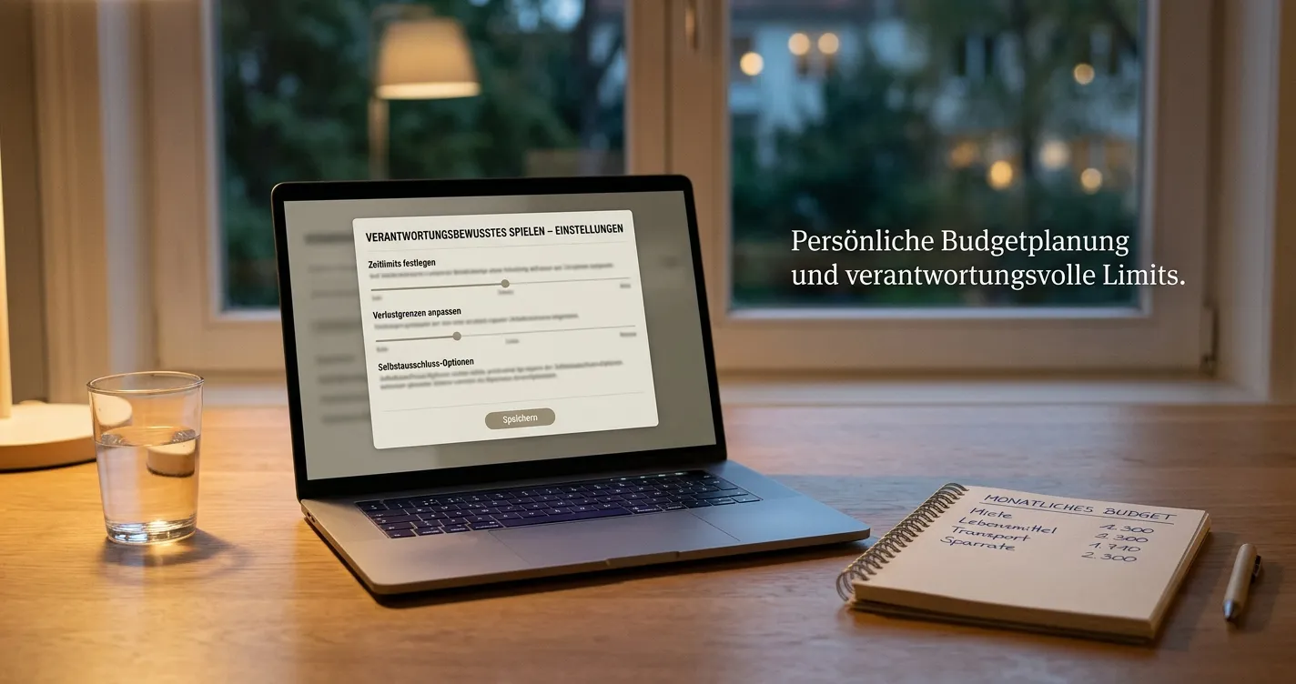 Ruhiger Schreibtisch mit Budgetnotiz und Spielerschutz-Hinweisen