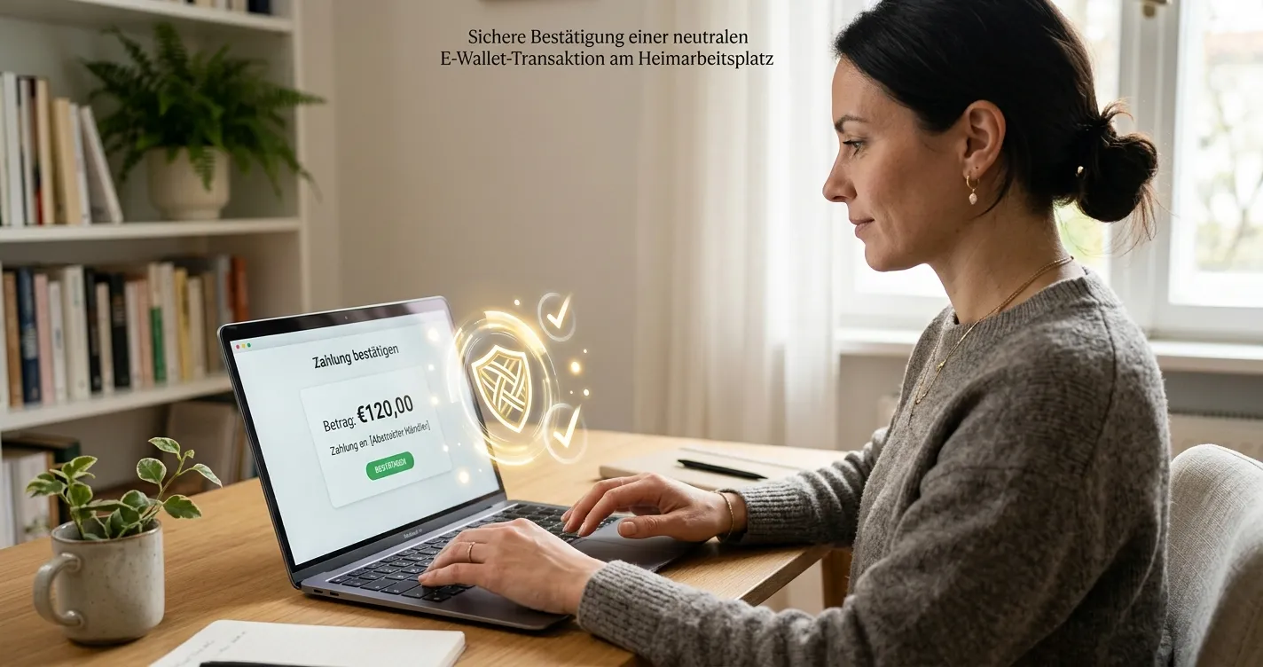 Person bestätigt eine neutrale Wallet-Zahlung am Laptop
