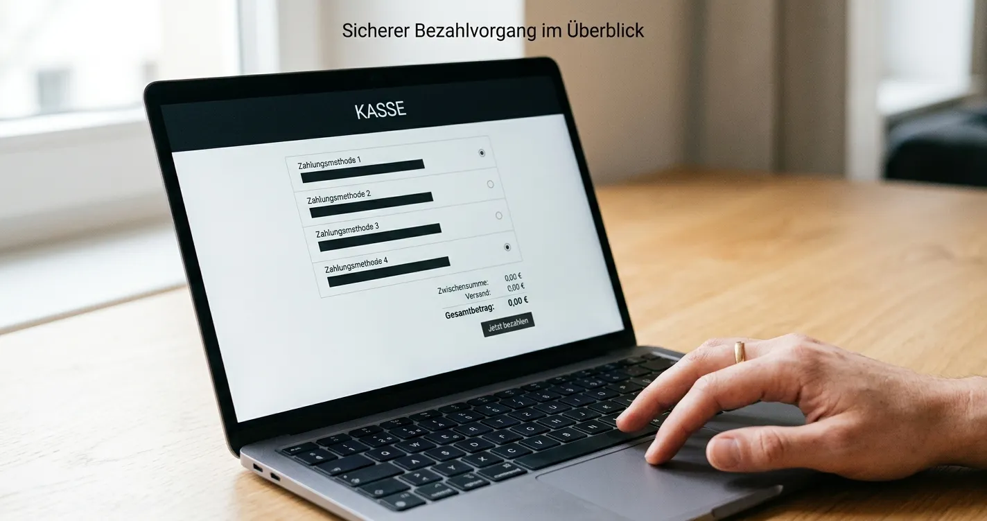 Neutrale Kassenansicht auf einem Laptop mit klar bezeichneten Zahlungsoptionen