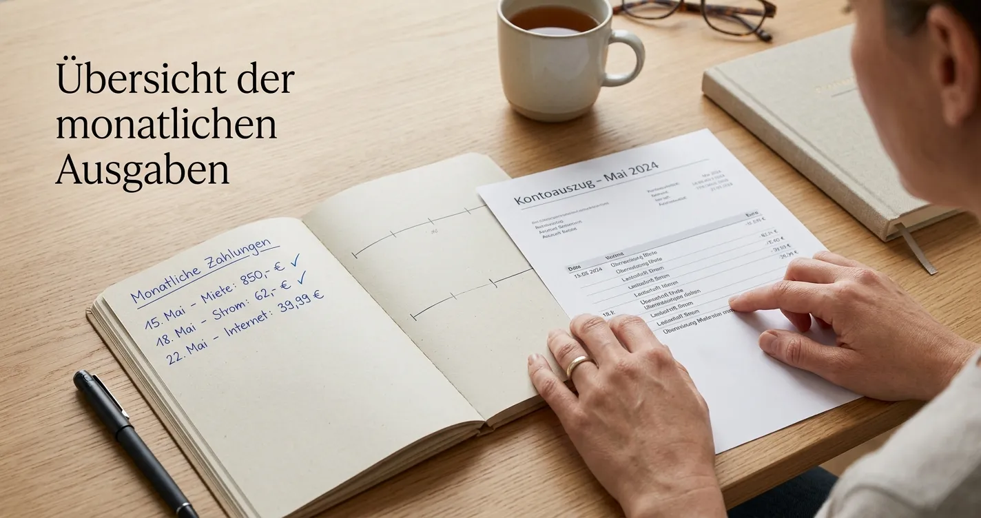 Handschriftliche Monatsnotizen neben einem neutralen Kontoauszug ohne Zahlenfokus