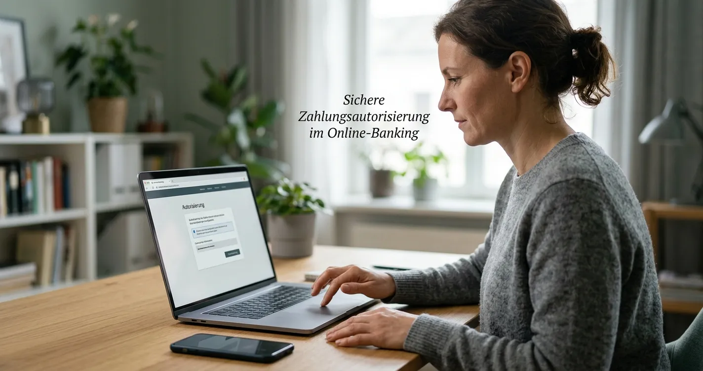 Person bestätigt eine neutrale Online-Banking-Zahlung am Laptop mit Smartphone daneben
