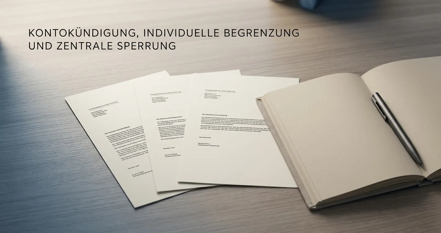 Drei schlichte Karten für Kontoschluss, Limit und zentrale Spielersperre auf einem Tisch