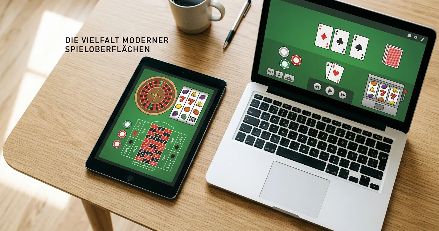 Neutrale Auswahl verschiedener Casino-Spielarten auf einem Tablet