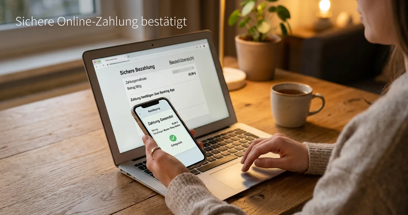 Smartphone mit neutraler Bankbestätigung und Laptop-Kassenseite ohne Markenlogo