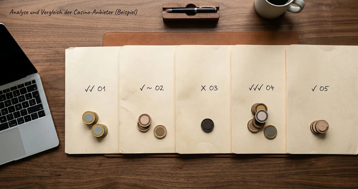 Arbeitsplatz mit fünf neutralen Anbieterakten, Coin-Symbolen und handschriftlichen Vergleichsmerkmalen