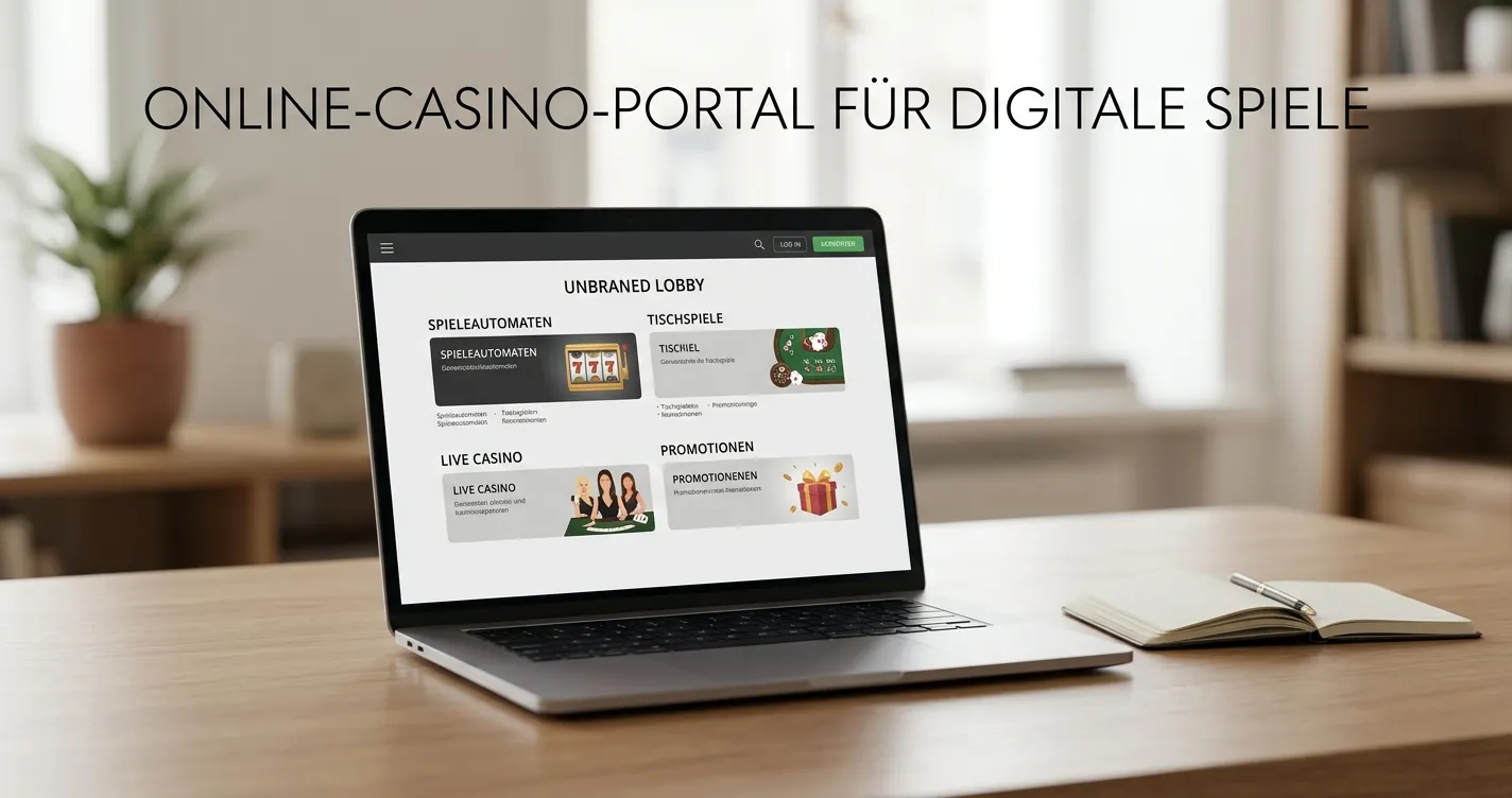 Neutrale Casino-Lobby mit mehreren Spielkategorien auf einem Laptop
