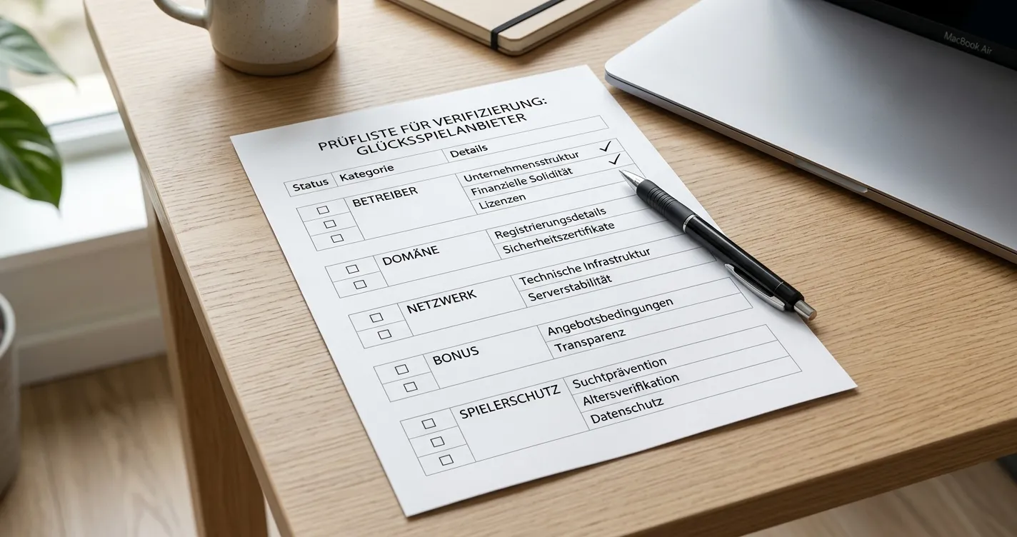 Checkliste mit Betreiber, Domain, Netzwerk, Bonus und Spielerschutz auf einem neutralen Schreibtisch