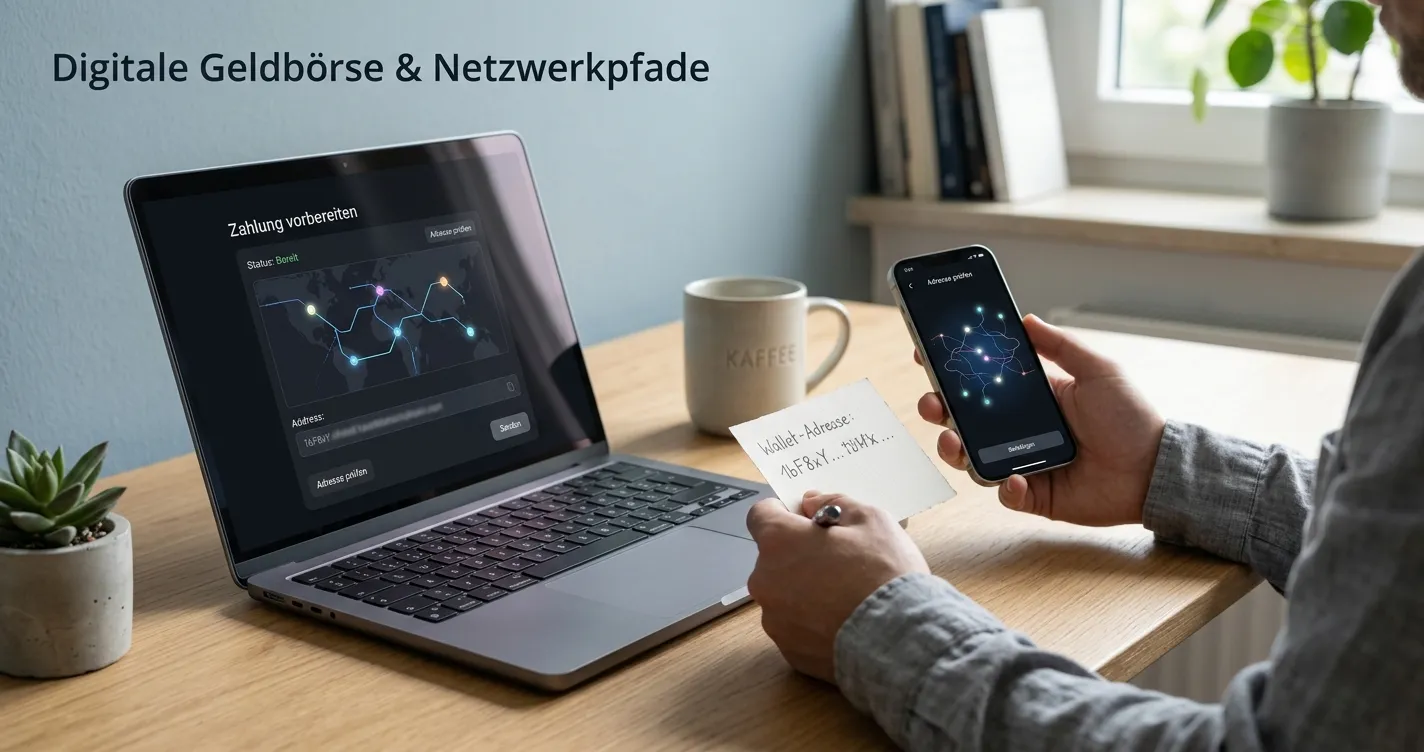 Krypto-Wallet mit neutralen Netzwerkpfaden und handschriftlicher Adressprüfung