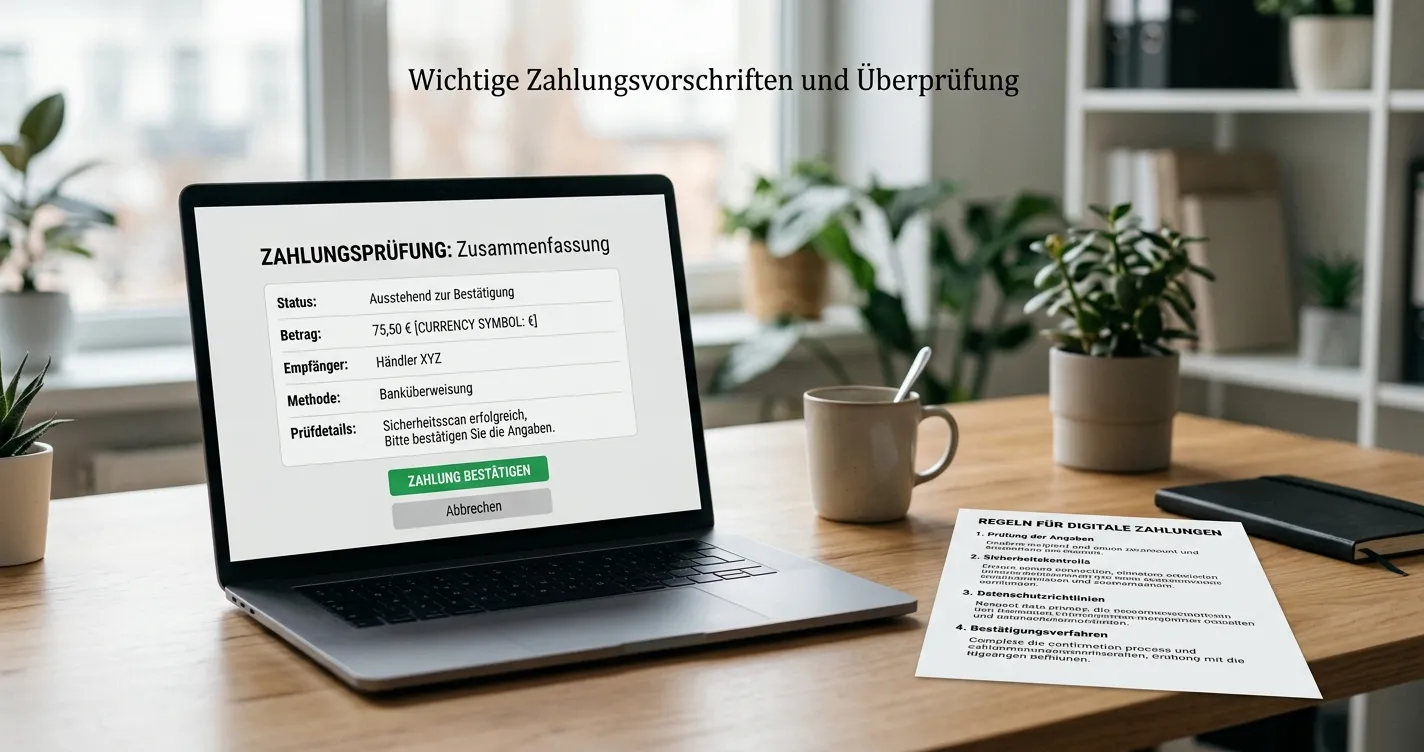 Neutrale digitale Zahlungsübersicht ohne Logos neben einem Laptop mit Spielregeln