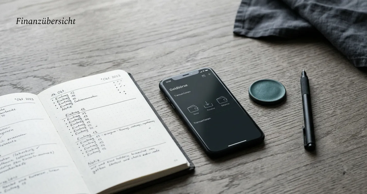 Neutrale Wallet-Symbole und Notizblatt zu Krypto-Zahlungen ohne Markenlogos