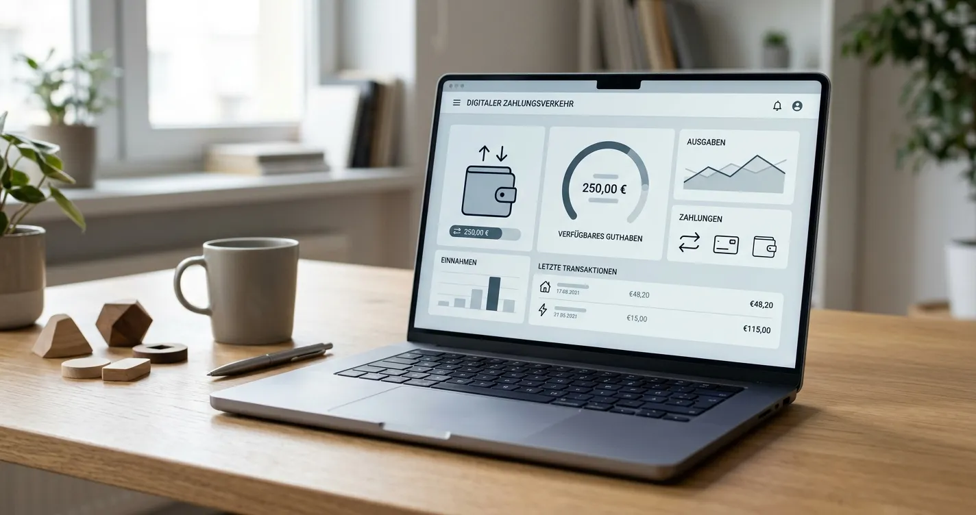 Abstrakte Zahlungssymbole und eine Wallet-Prüfung auf einem neutralen Bildschirm