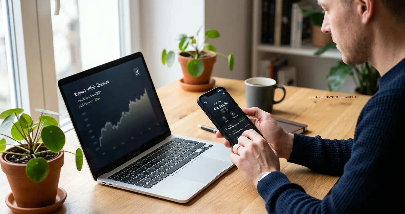 Person prüft eine Krypto-Wallet auf dem Smartphone an einem aufgeräumten Schreibtisch