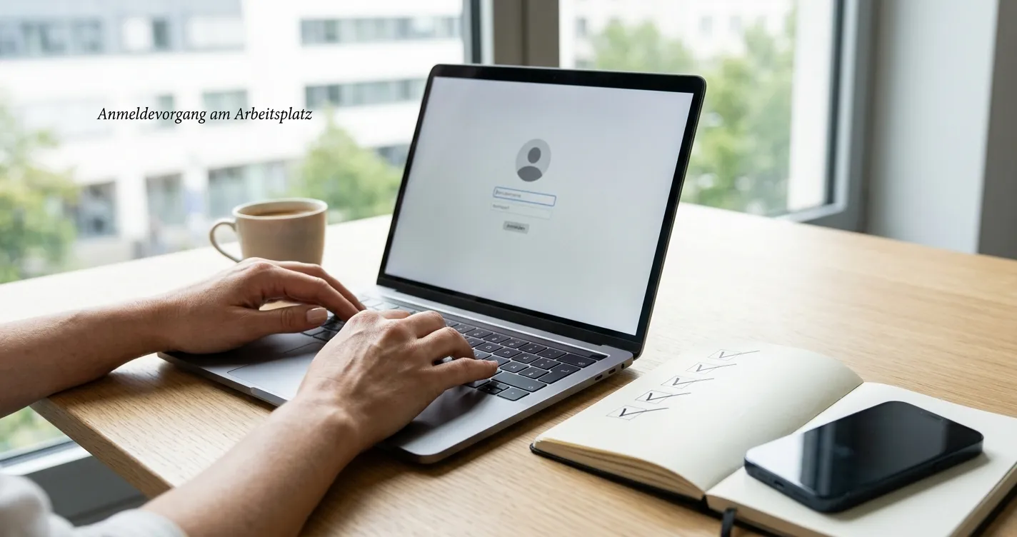 Laptop mit neutraler Anmeldemaske und daneben geordneten Notizen